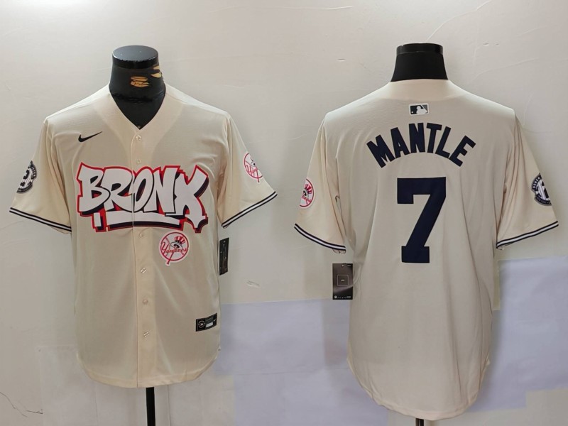 Men New York Yankees 7 Mantle Cream joint name 2024 Nike MLB Jersey style 3